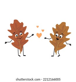 Oak Leaf Character With Love Emotions, Smile Face, Arms And Legs. Cheerful Forest Plant In Autumn Brown Colour. Vector Flat Illustration