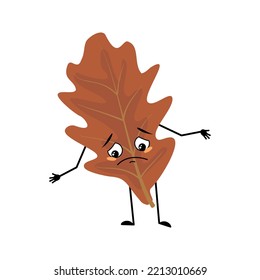 Oak Leaf Character With Sad Emotions, Depressed Face, Down Eyes, Arms And Legs. Forest Plant In Autumn Brown Colour. Vector Flat Illustration