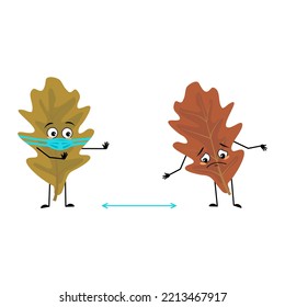 Oak Leaf Character With Sad Emotions, Face And Mask Keep Distance, Arms And Legs. Forest Plant In Autumn Brown Colour. Vector Flat Illustration