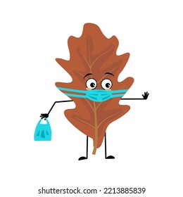 Oak leaf character with sad emotions, face and mask keep distance, hands with shopping bag and stop gesture. Forest plant in autumn brown colour. Vector flat illustration