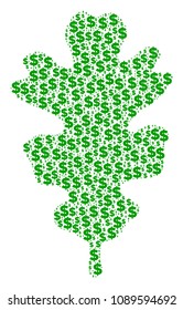 Oak leaf composition of dollar symbols and spheric points. Vector money symbols are united into oak leaf illustration.