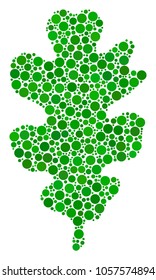 Oak Leaf composition of round dots in variable sizes and color shades. Dots are grouped into oak leaf vector collage. Vector design concept.