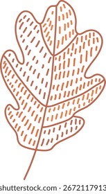 An oak leaf with dotted patterns in a linear style. The illustration features a stylized leaf with dashed textures. Cartoon vector illustration.