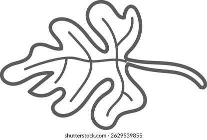 Uma folha de carvalho desenhada com linhas suaves e detalhes mínimos. A forma da folha é representada usando uma linha de contorno contínua. Ilustração de vetor de desenhos animados.