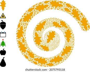 Eichenblattsymbol mit Spiralmosaik. Eichenblattsymbole werden zu Zyklusmosaikstrukturen geformt. Der Objektcurl wurde aus zufällig zugewiesenen Eichenblattsymbolen entworfen. Einige zusätzliche Symbole werden abgebildet.