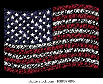 Oak leaf icons are organized into waving American flag abstraction on a dark background. Vector collage of America state flag is organized of oak leaf items.