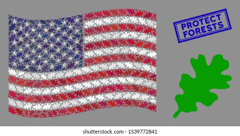 Oak leaf icons are organized into USA flag mosaic with blue rectangle distressed stamp watermark of Protect Forests text. Vector collage of American waving state flag is composed of oak leaf icons.