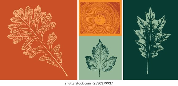 Oak leaf or leaves botanical print in warm fall autumn colors. Plain leaf sketched stamp art.