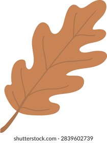 Oak leaf with lobed shape and central vein, shown as a single fallen foliage in a clean cartoon style. Symbol of autumn, nature, season change, and decay. Cartoon vector illustration.