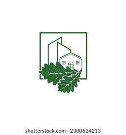 Plantilla de diseño del logotipo de hoja de roble. Hojas de roble con vector gráfico de bellotas.