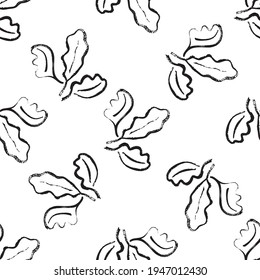 Oak leaf monochrome seamless vector pattern background. Simple calligraphy brush foliage clusters black and white backdrop. Minimal elegant outline design. Painterly style all over print for packaging