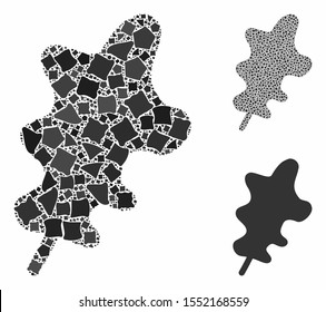 Oak leaf mosaic of raggy pieces in various sizes and color tints, based on oak leaf icon. Vector tremulant elements are composed into collage. Oak leaf icons collage with dotted pattern.