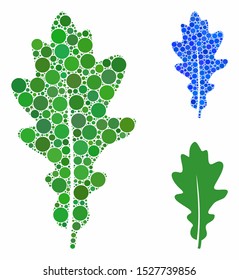 Oak leaf mosaic of small circles in various sizes and color tints, based on oak leaf icon. Vector small circles are grouped into blue collage. Dotted oak leaf icon in usual and blue versions.