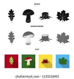 Oak leaf, mushroom, stump, maple leaf.Forest set collection icons in black, flat, monochrome style vector symbol stock illustration web.