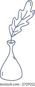 Hoja de roble en un florero estrecho dibujado con líneas de contorno limpias y suaves curvas. Símbolo de la naturaleza, la calma y el minimalismo de la decoración del hogar para el bienestar y los temas zen. Ilustración vectorial de dibujos animados.