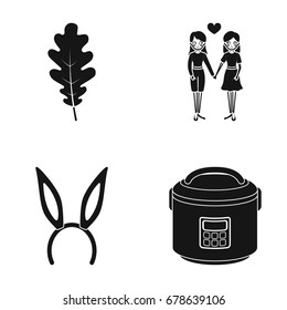Oak leaf, same-sex love and other web icon in black style. hoop with ears, multicore icons in set collection.