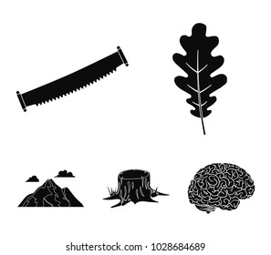 Oak leaf, saw, stump, mountain.Forest set collection icons in black style vector symbol stock illustration web.