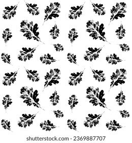 Oak leaf stamp print seamless pattern. Grunge autumn leaves imprints. Ink floral texture. Objects isolated on white. Black and white vector illustration.