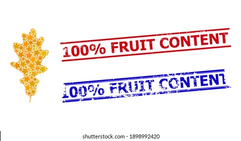Oak leaf star mosaic and grunge 100 Percents Fruit Content stamps. Red and blue stamps with unclean texture and 100 Percents Fruit Content tag. Abstract oak leaf concept is designed with scattered