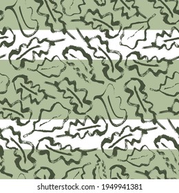 Oak leaf striped seamless vector pattern background. Simple calligraphy brush foliage on wide sage green horizontal stripes. Geometric backdrop.Botanical design. Painterly style repeat for wellness.