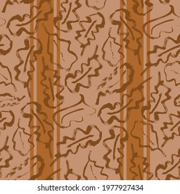 Oak leaf striped seamless vector pattern background. Simple calligraphy brush foliage on vertical stripe backdrop. Monochrome terracotta ochre color. Botanical design. Painterly repeat for wellness.