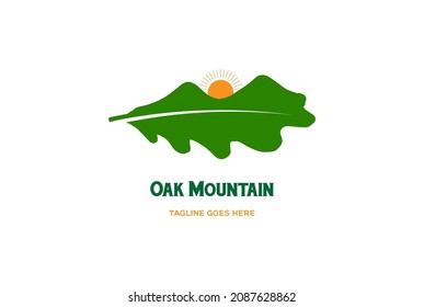 Oak Leaf with Sunrise Mountain Logo Design Vector