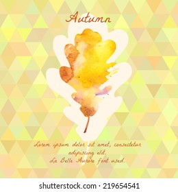 Oak leaf with watercolor pattern for autumn design. Template for card, cover or invitation.
