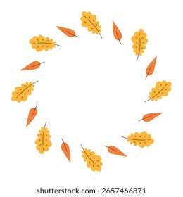 Guirnalda de hojas de roble. Marco redondo de hojas naranjas y amarillas brillantes para carteles de otoño, tarjetas, invitaciones y decoración. Ilustración vectorial plana
