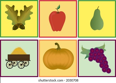 Oak leaves and acorn,apple,pear,grapes,pumpkin and hay wagon graphics in easily editable eps format.