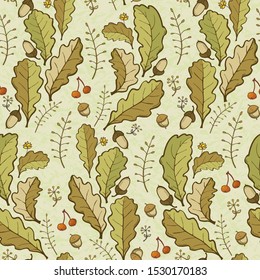 Oak leaves and acorns autumn background, seamless pattern