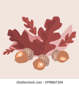 Oak leaves with acorns. Autumn concept. Minimalist style.  Poster, room interior, design for textiles, postcard, concept, clipart. Vector illustration