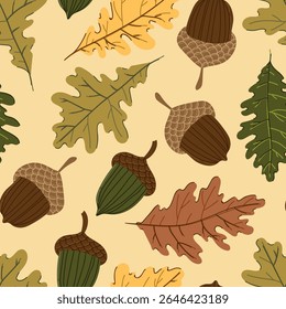 folhas de carvalho e bolotas colorido outono sem costura padrão. textura botânica ou têxtil da queda de floresta