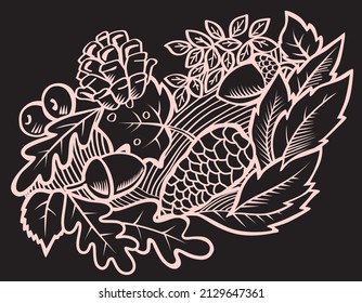 Oak leaves and acorns with cones