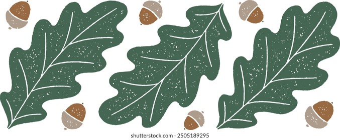 Oak leaves and acorns with grainy texture