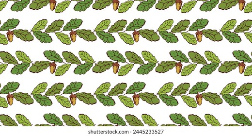 Oak leaves, acorns, green, rows, hand drawn vector illustration, deciduous tree,  seamless pattern, white background,wallpaper, paper, textile