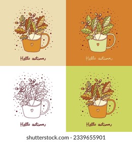 Oak leaves with acorns in a mug vector postcard. Illustration element. Hello, Autumn eps10
