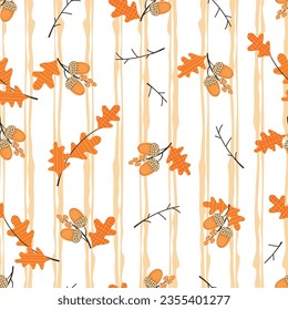 Oak leaves and acorns on a background of vertical rough lines.Natural seamless pattern with foliage sprigs .Forest plants and autumn harvest.Colorful print on fabric and paper.Vector  illustration.
