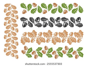 Oak leaves and acorns ornament. Floral pattern, set of decorative elements. Vector illustration