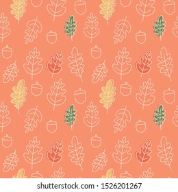 Oak leaves and acorns. Seamless linear pattern. Vector autumn illustration on orange background.