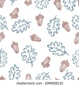 Oak leaves and acorns seamless pattern. Hand drawn autumn symbols on white background. Cute retro pattern for your design.