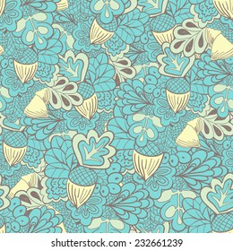 Oak leaves with acorns seamless pattern. Green and yellow background.