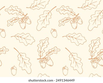 Oak leaves Acorns seamless Pattern. Outline doodle Autumn Background. Seasonal leaf fall nature forest illustartion. Contour drawn pattern for wallpaper, cover, packaging, textile design