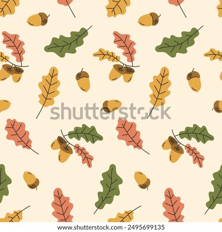 Oak leaves Acorns seamless Pattern. Foliage Background in Autumn colors. Abstract Seasonal leaf falling nature forest illustartion. Cute pattern for wallpaper, cover, packaging, banner, textile design