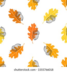 Oak leaves and acorns. Seamless vector pattern on white background. Nature autumn background. 