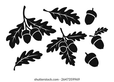 Folhas de carvalho e bolotas Silhueta Vetor Ilustração para desenhos de outono
