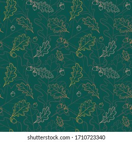 oak leaves and acorns, vector seamless pattern with green background