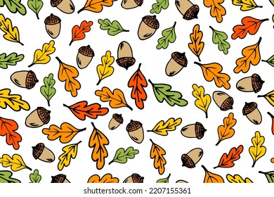 Eichenblätter und Akkorde Vektornahtloses Muster, Bildschirmhintergrund im Cartoon-Stil. Herbsteiche Blätter in rotem orangefarbenem gelbem Grün, Ahornbaumsamen. Nochmals-bedruckter Papierdruck