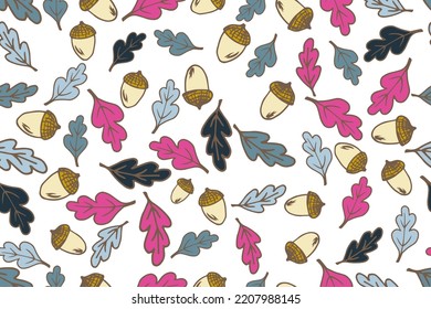 Oak leaves and acorns vector seamless pattern, cartoon style illustration wallpaper. Autumn oak leaves in red blue black pink, acorn tree seeds. November Thanksgivint wrapping paper print