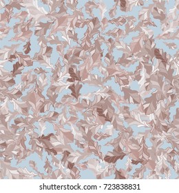 Oak leaves confetti on blue background seamless pattern. Vector illustration for print, textile, paper