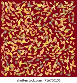 Oak leaves confetti on red background. Vector illustration for print, textile, paper